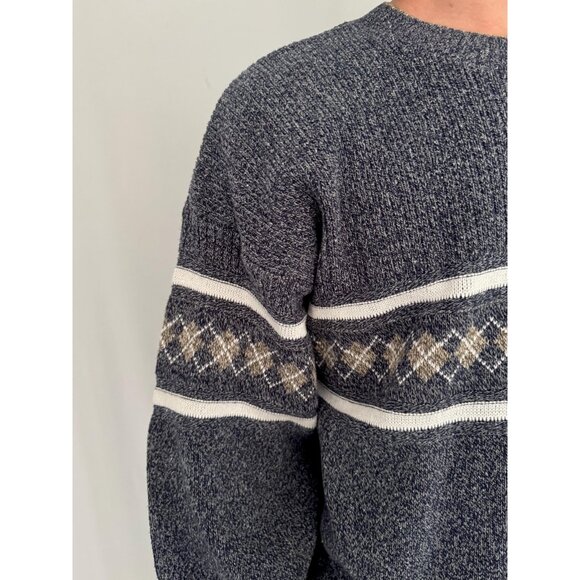 90s vintage mens blue grey grandpa argyle print casual long sleeved knit sweater - Picture 7 of 10